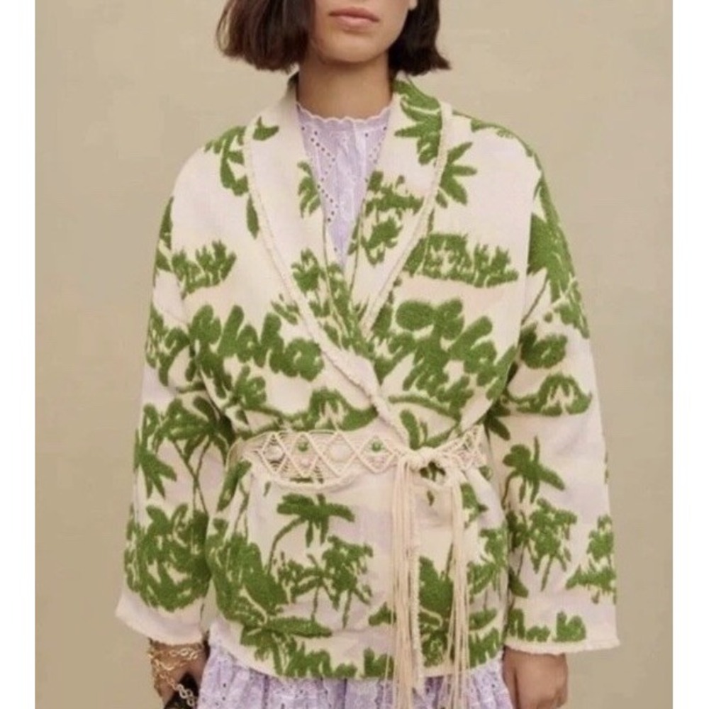 New Maje Imprime Aloha Beige Green Palm Tree Jacket Macrame Belted Sz 1 / US S